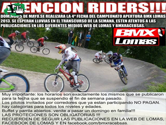 4 FECHA ,CAMPEONATO APERTURA BMX RACE. EN LOMAS . QUE SE LLENE DE 4X Y CRUCEROS LOMAS!!!!