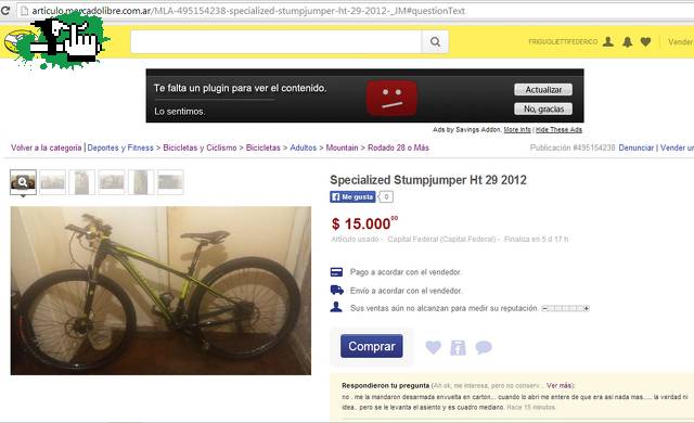 Stumpjumper 29 robada en Mercadolibre en Pergamino, Buenos Aires, Argentina