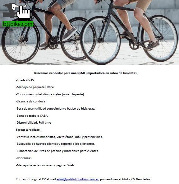 Buscamos vendedor para una PyME importadora en rubro de bicicletas.